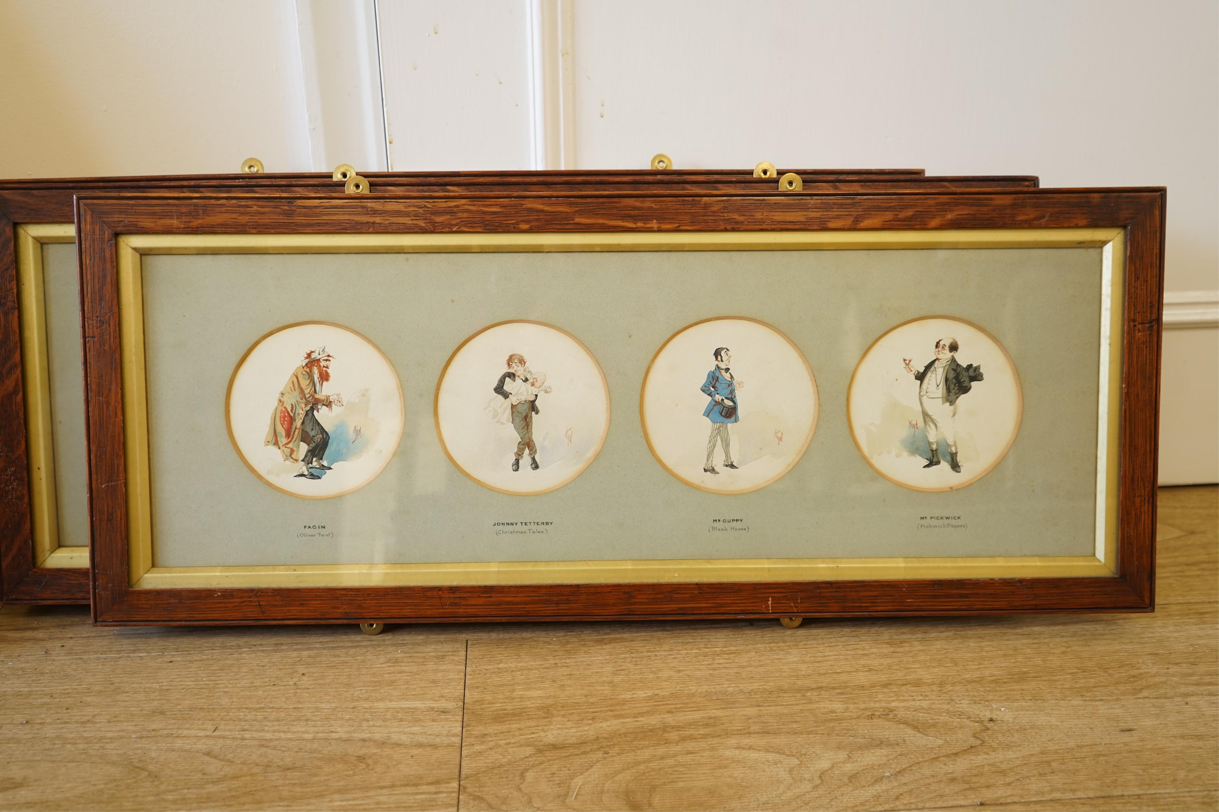 Joseph Clayton Clarke (KYD, 1857-1937), Dickens caricatures to include: Mr Bumble from Oliver Twist, Old Weller from Pickwick Papers and Quilp from Old Curiosity Shop, each signed, sixteen tondo watercolours, framed as f